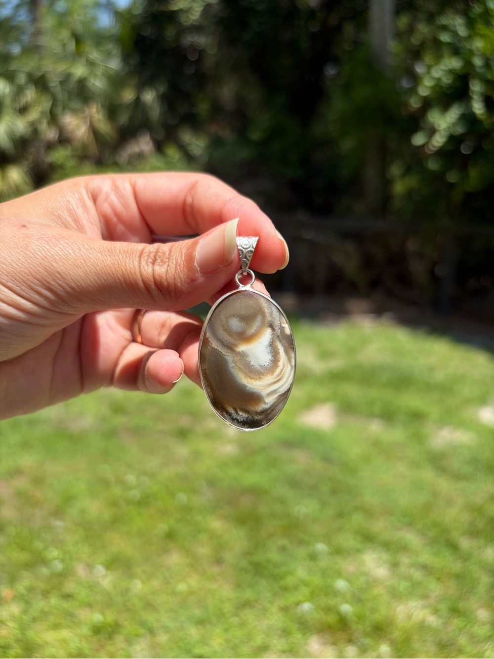 Large Natural Polished Agate Pendant 925 Silver